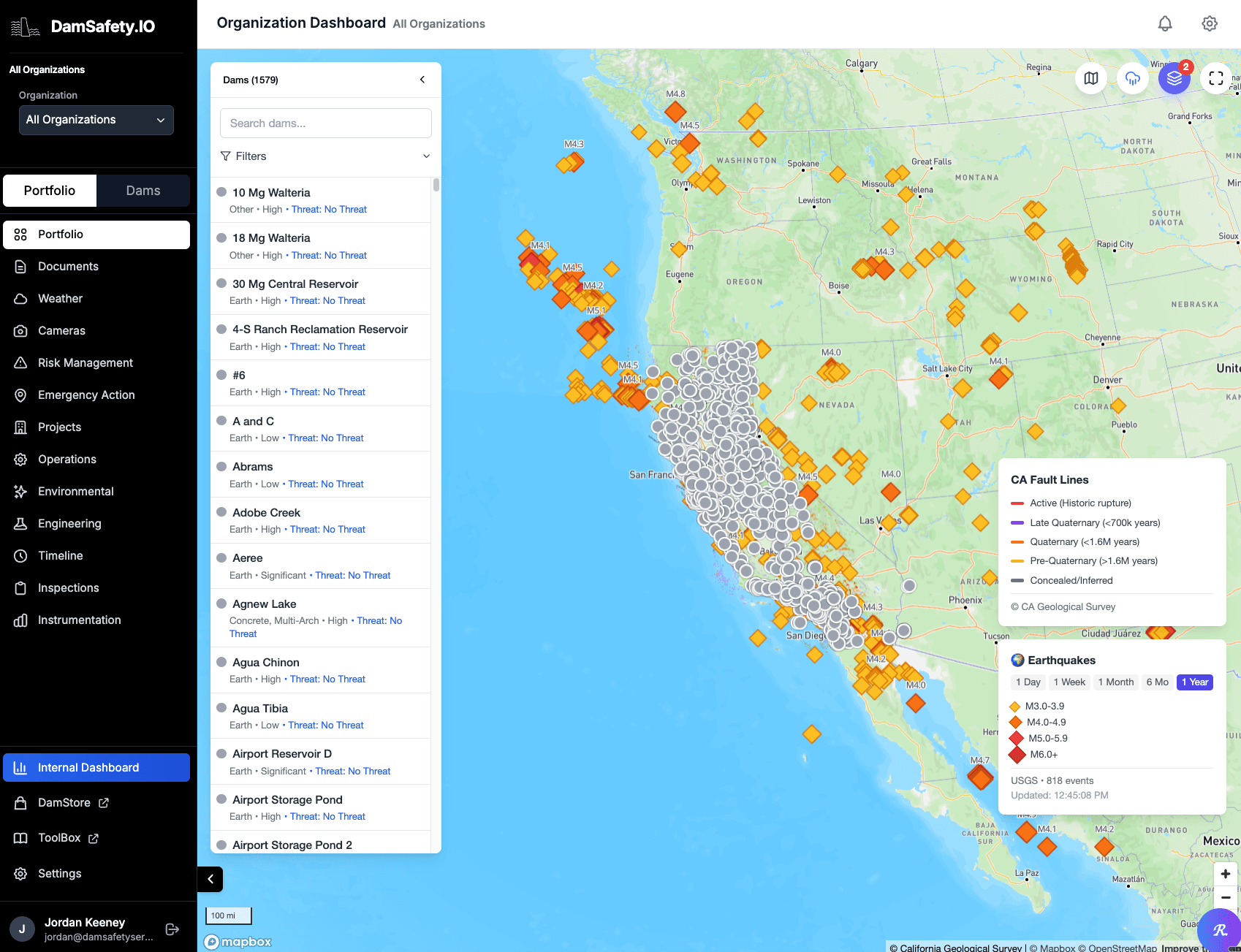 Portfolio map with dam locations, recent earthquakes and fault lines
