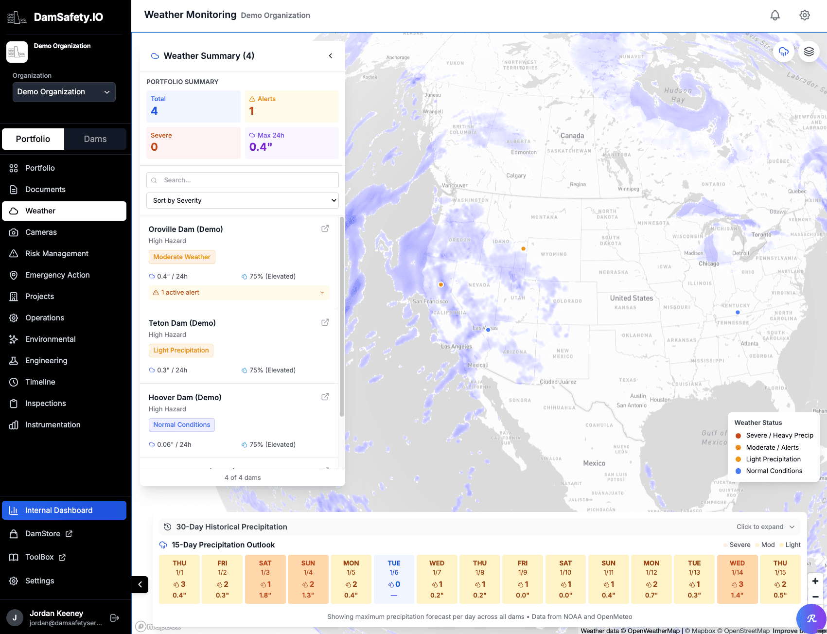Weather monitoring: precipitation radar, per-dam conditions and a 15-day precipitation outlook